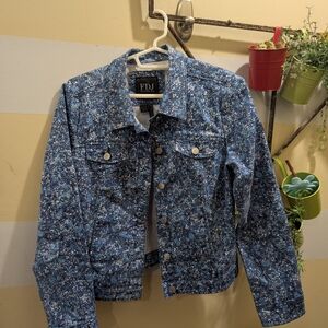 Fdj French Dressing Blue Floral Print Jean Jacket Classic Style Size Medium